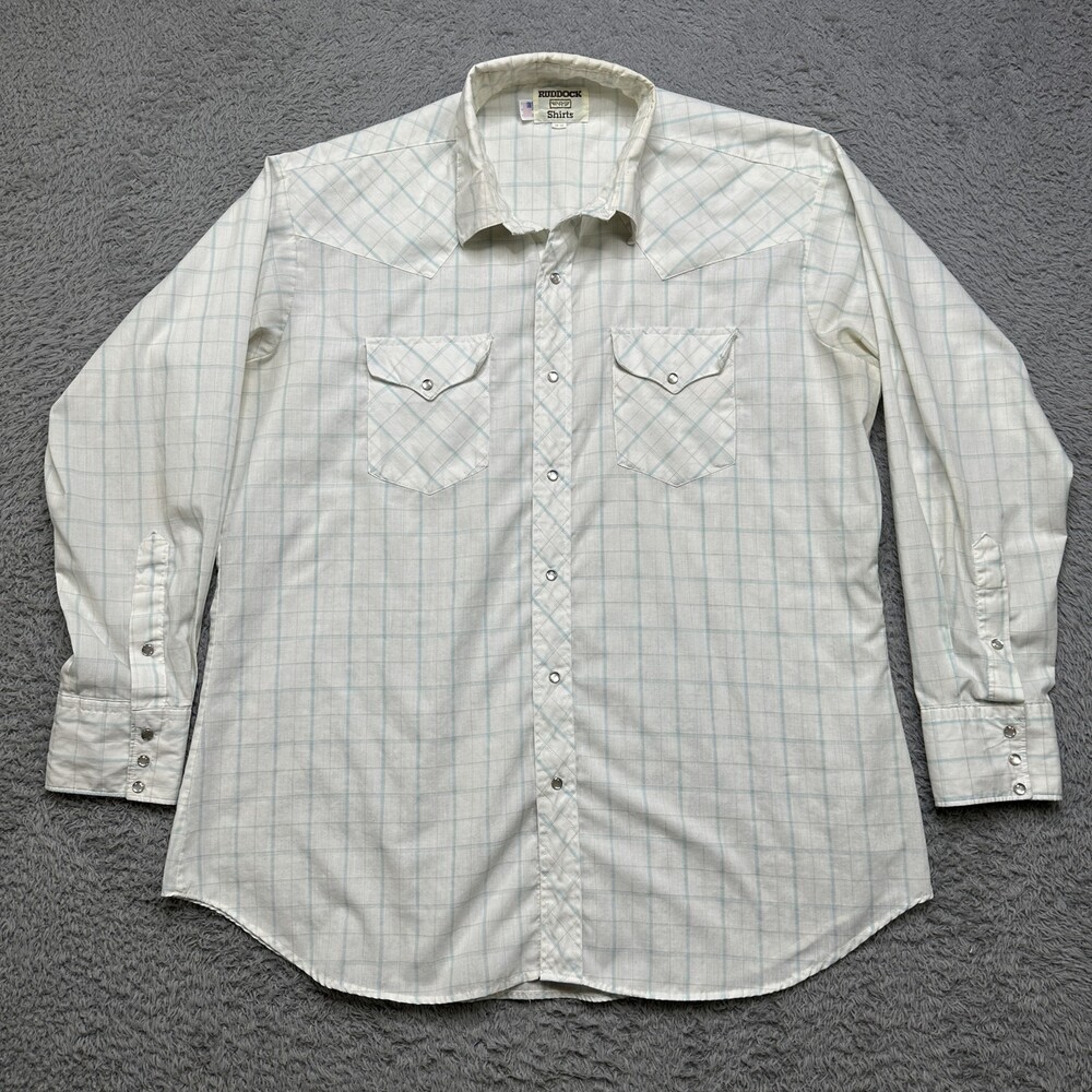 Vintage Pearl Snap Shirt Mens 2XL White Plaid Western Ruddock Yoke USA Made